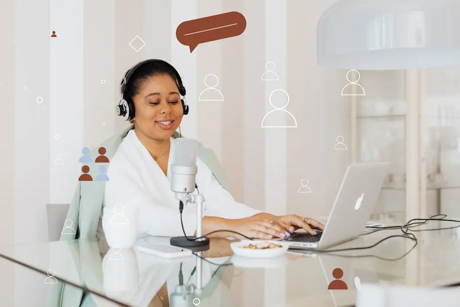 Black woman podcasting from home using a laptop and microphone.