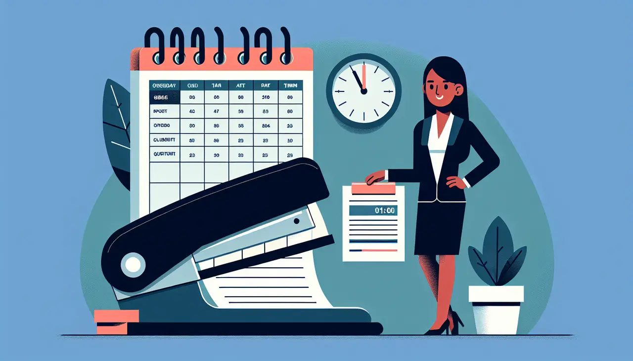 Draw a graphic in flat design style. A businessperson standing next to a large stapler clamping a stack of overdue invoices, with a calendar and a simple clock in the background, in Flat Design Style.