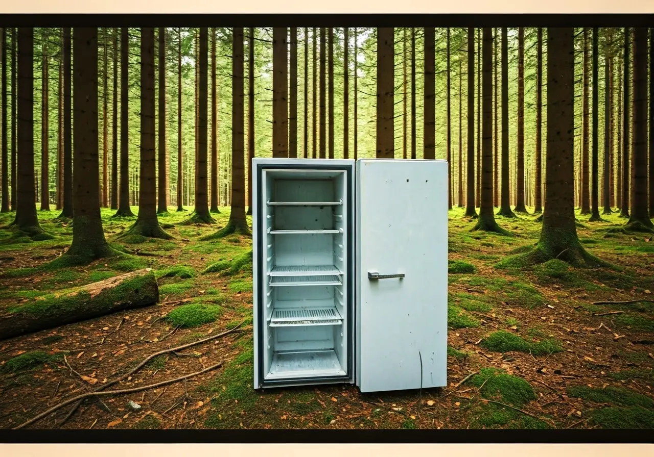 An abandoned refrigerator in a picturesque natural setting. 35mm stock photo