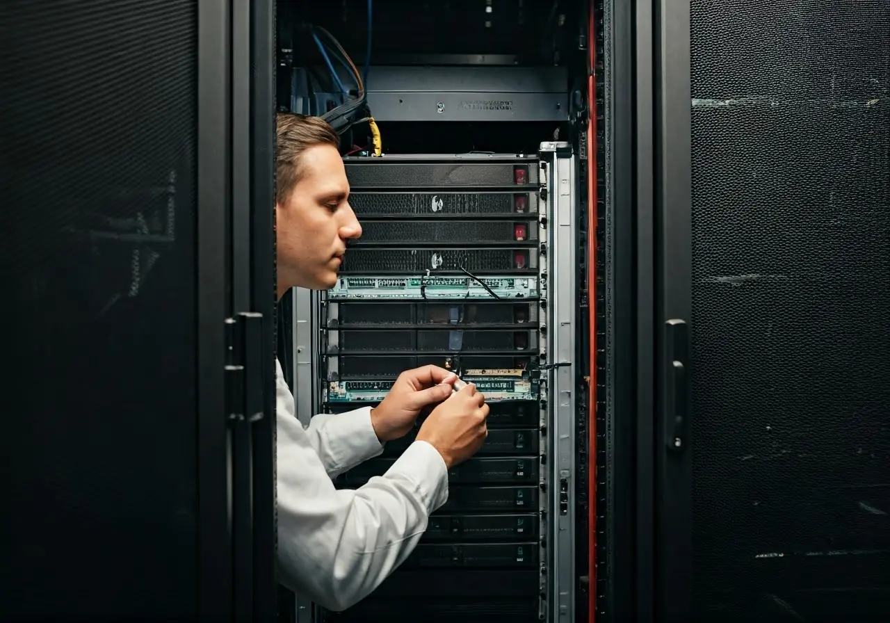 A technician repairing a server in a modern data center. 35mm stock photo