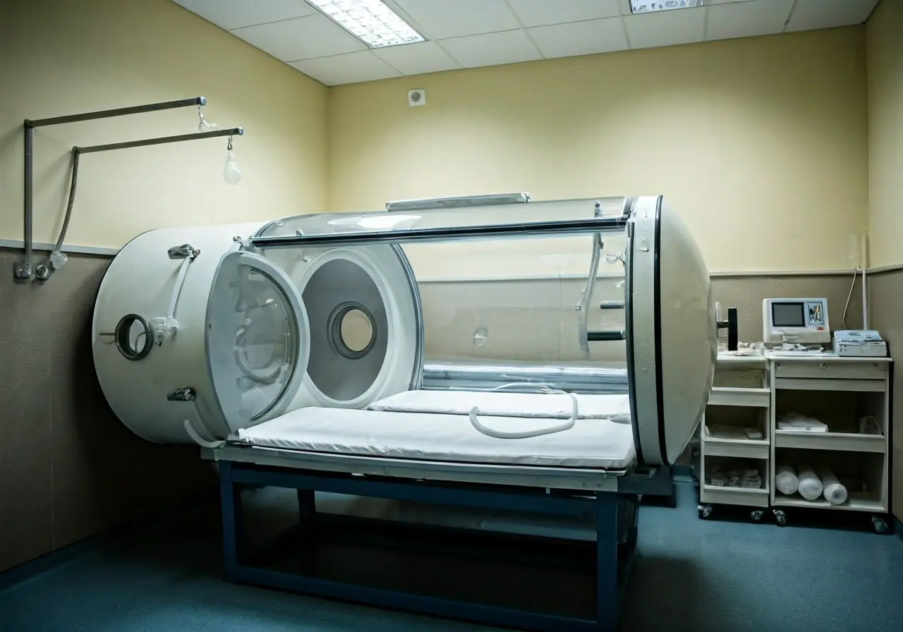 A hyperbaric oxygen therapy chamber in a clinical room. 35mm stock photo