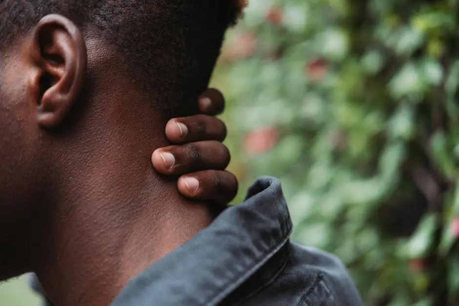 Side view crop African American male in denim jacket touching neck and standing near verdant fence in garden