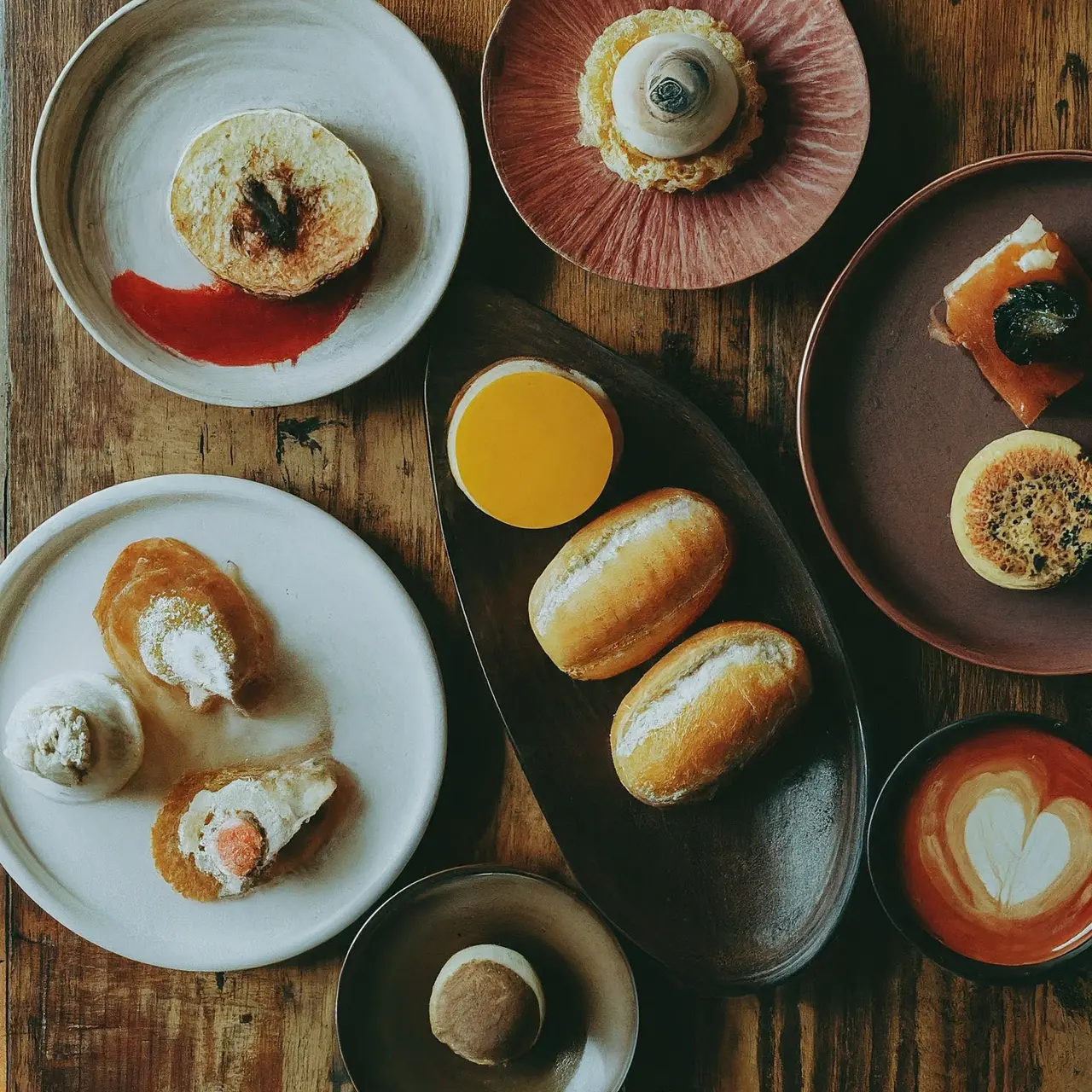 Various Asian fusion desserts artfully arranged on a rustic table. 35mm stock photo