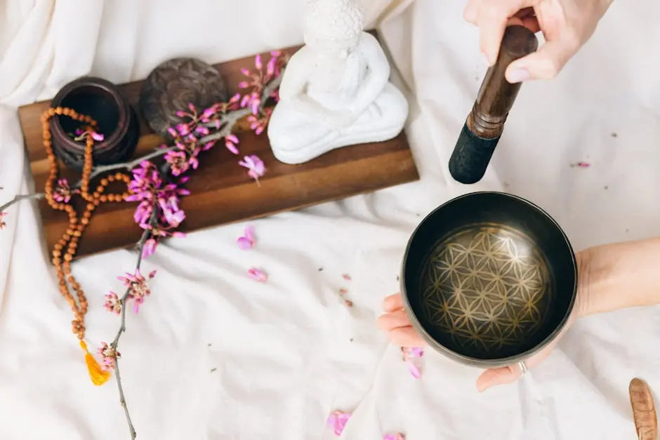 A peaceful setup with a singing bowl, flowers, and a Buddha statue for meditation.