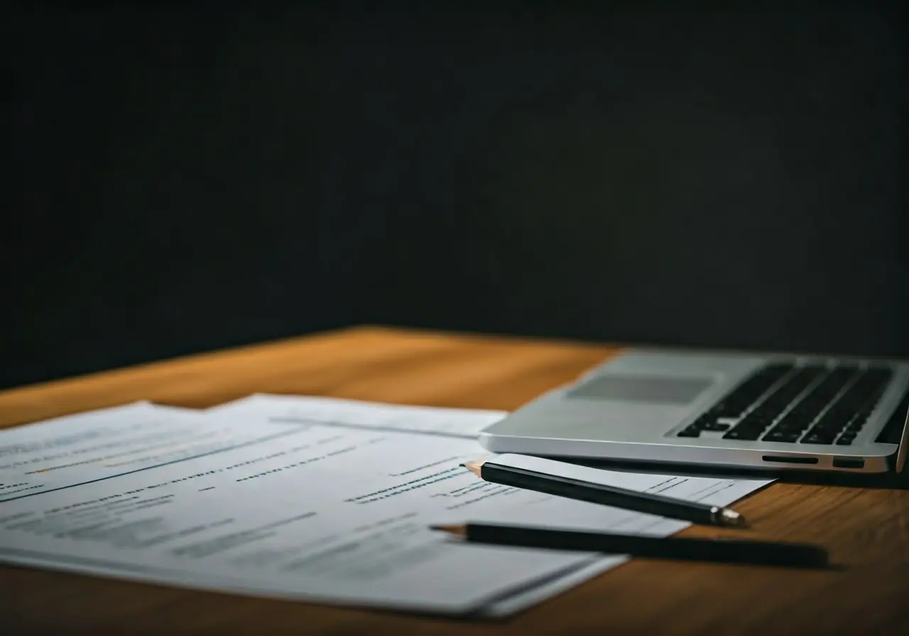 A developer’s desk with a laptop and coding notes. 35mm stock photo