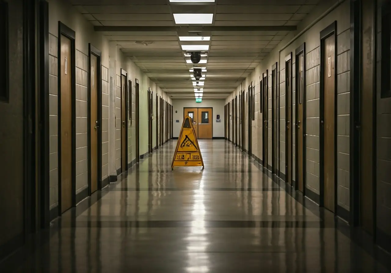 An empty school hallway with security cameras and a warning sign. 35mm stock photo