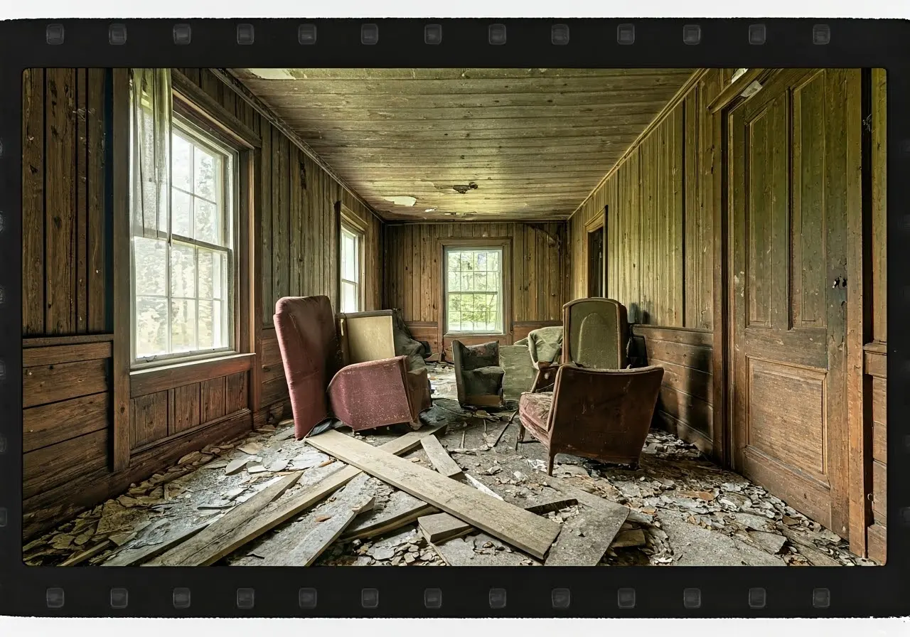 Abandoned house filled with cluttered furniture and scattered debris. 35mm stock photo