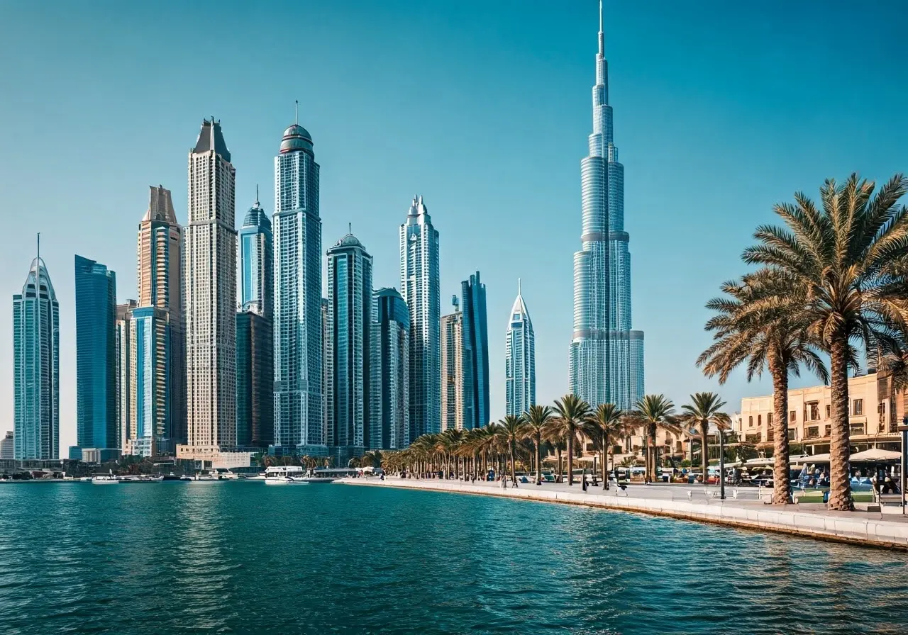 Skyline of Dubai with iconic architecture and palm trees. 35mm stock photo