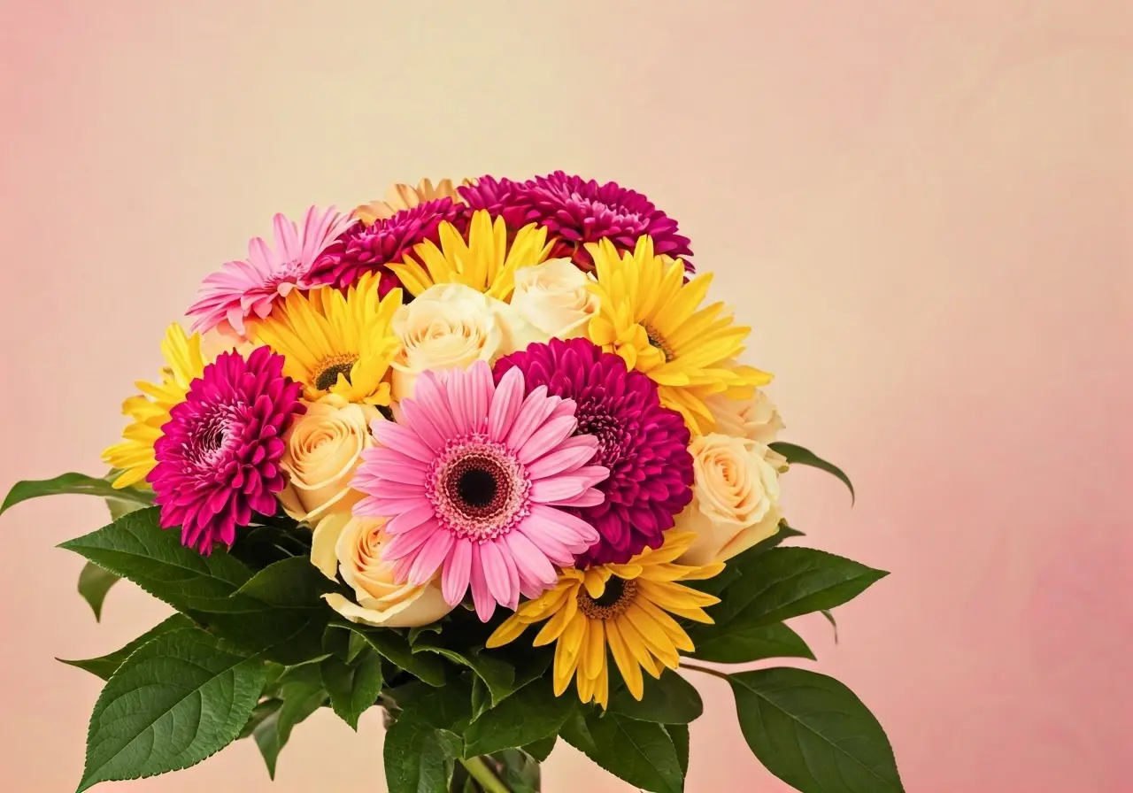 A vibrant bouquet of mixed flowers against a pastel background. 35mm stock photo