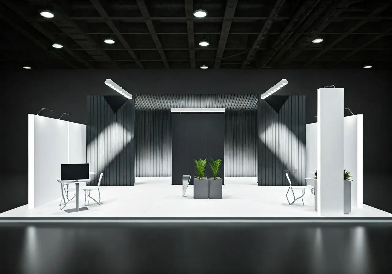 A modern exhibit booth with sleek SEG backdrops and lighting. 35mm stock photo