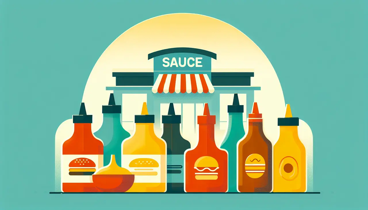 Draw a graphic in flat design style. An array of colorful specialty sauce bottles with a fast food outlet in the background, minimal flat design style.