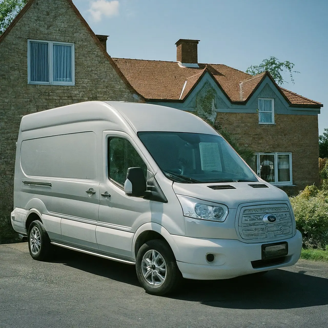 A wheelchair-accessible vehicle parked in front of a house. 35mm stock photo