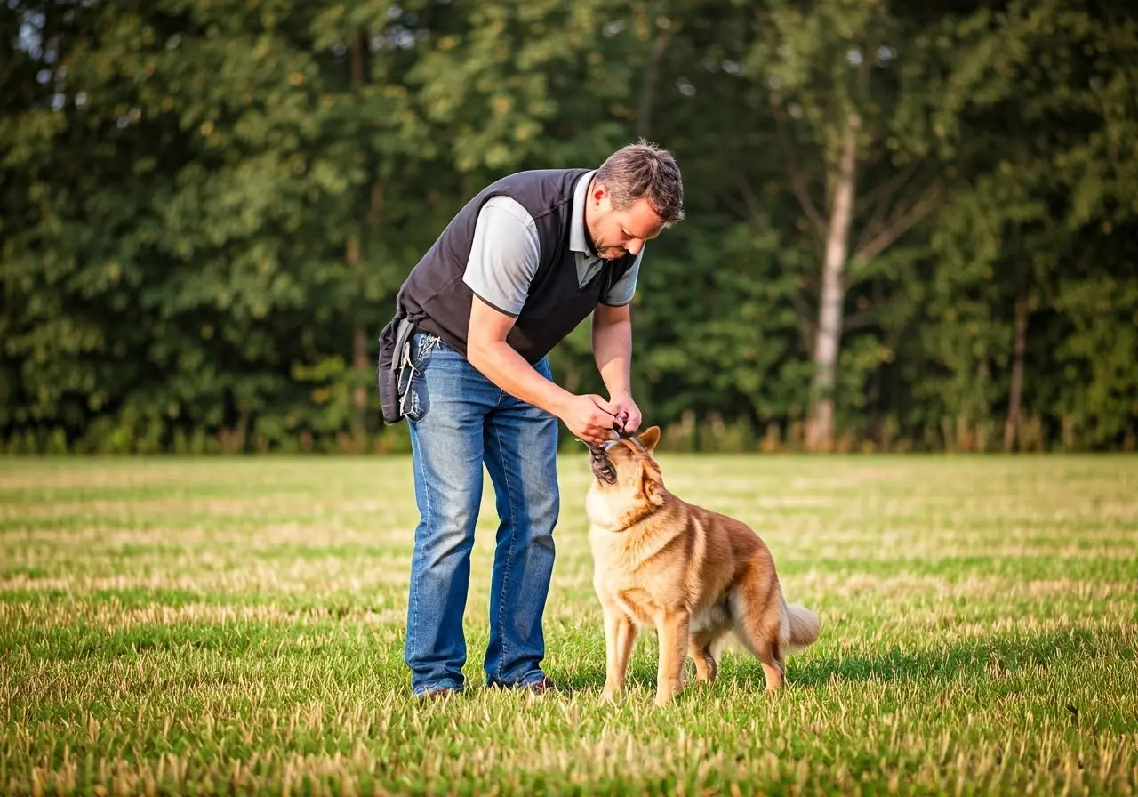 A trainer working with a dog on obedience commands. 35mm stock photo