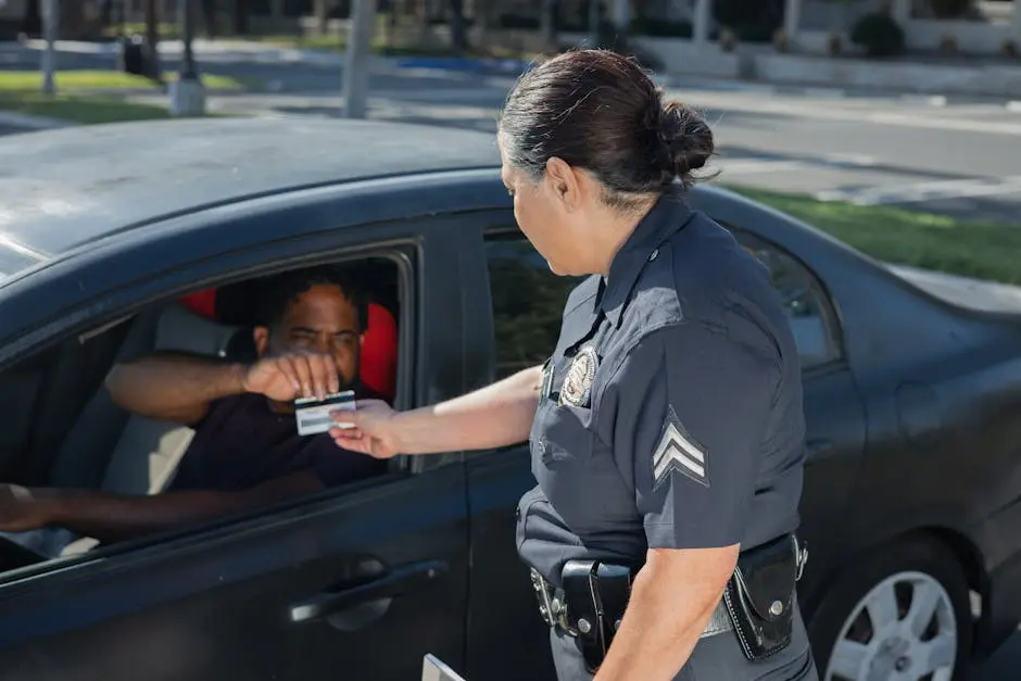 A police officer hands a ticket to a driver in a car on a sunny day street.