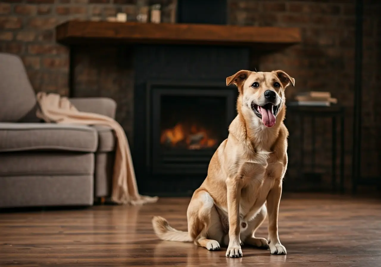 A cheerful dog sitting attentively in a cozy living room. 35mm stock photo