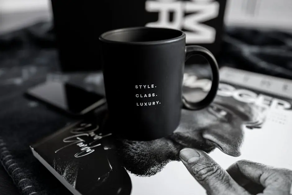 A stylish black mug with text sits on a luxury magazine, presenting an elegant and modern lifestyle setting indoors.