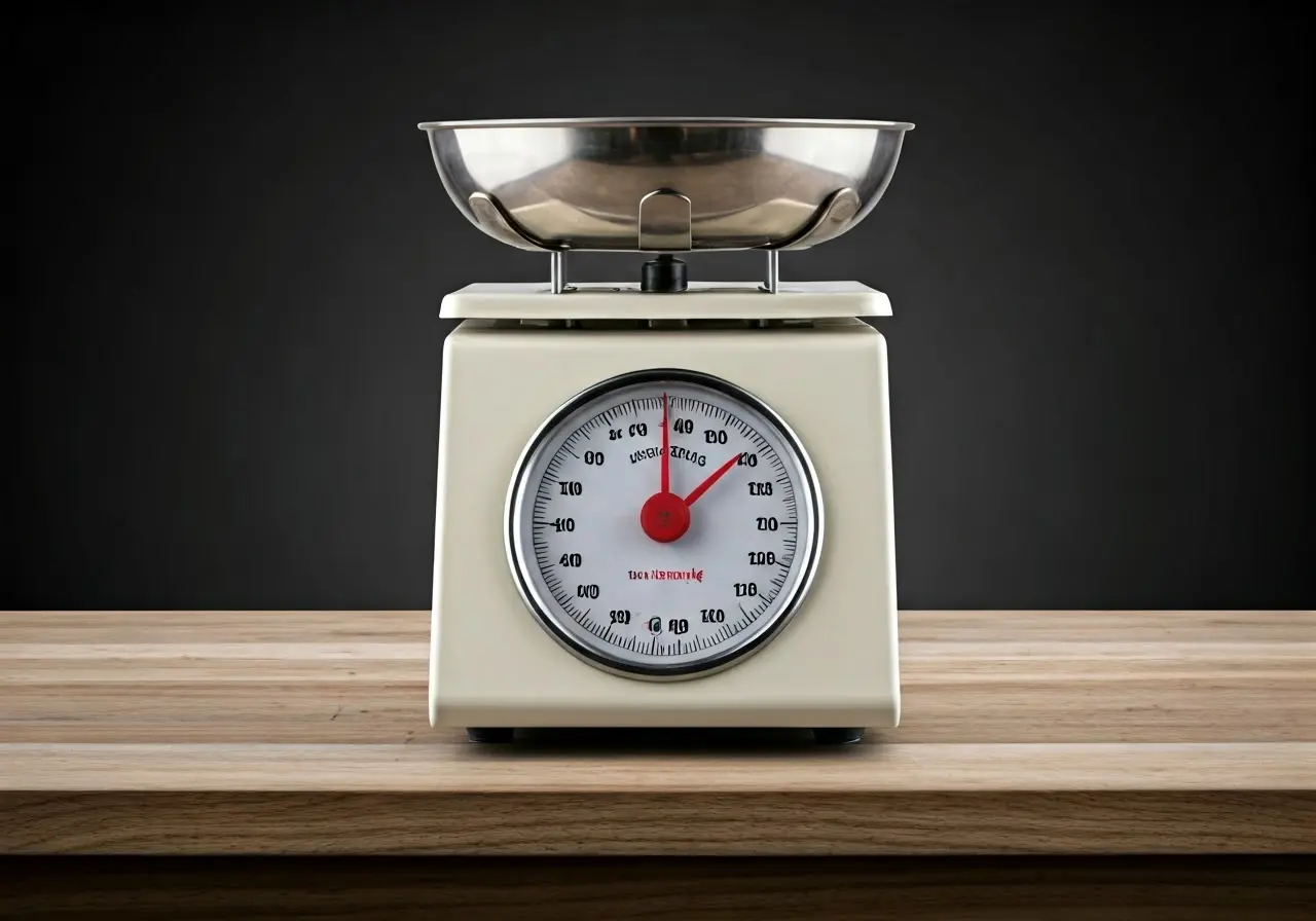 A scale and measuring tape on a table. 35mm stock photo