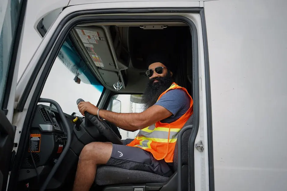 Portrait of a confident truck driver in a safety vest, wearing sunglasses inside his vehicle.