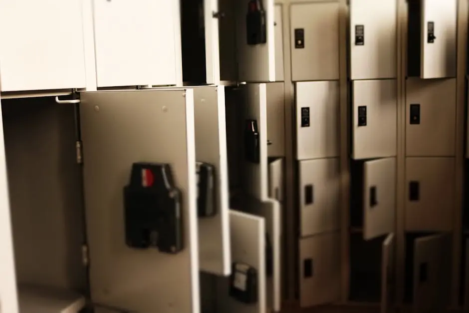 A row of open lockers in a secure indoor <a href=