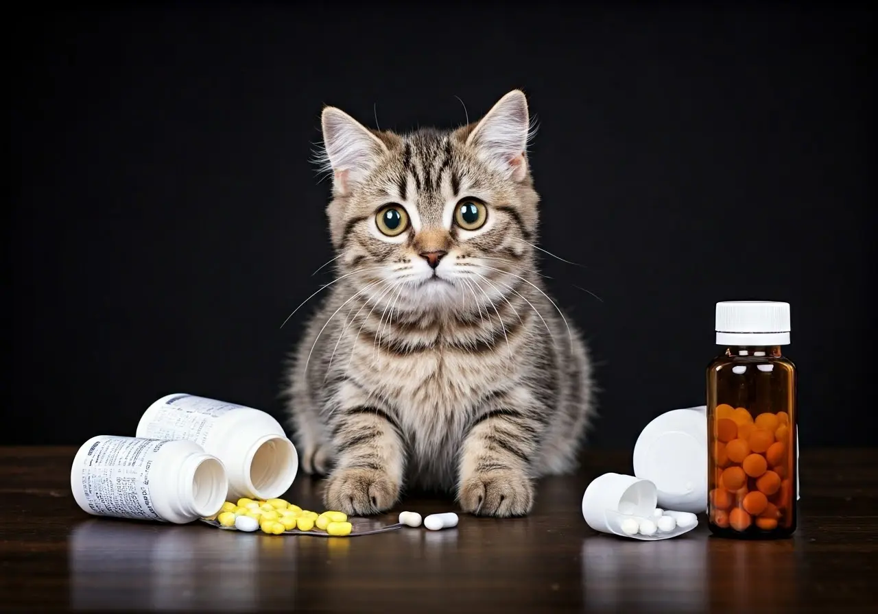 A worried cat sitting beside spilled medicine bottles. 35mm stock photo