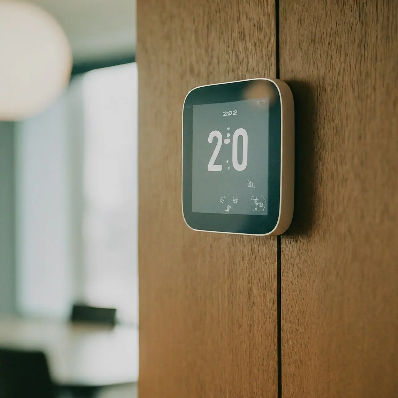 A smart thermostat on a wall in an office setting. 35mm stock photo