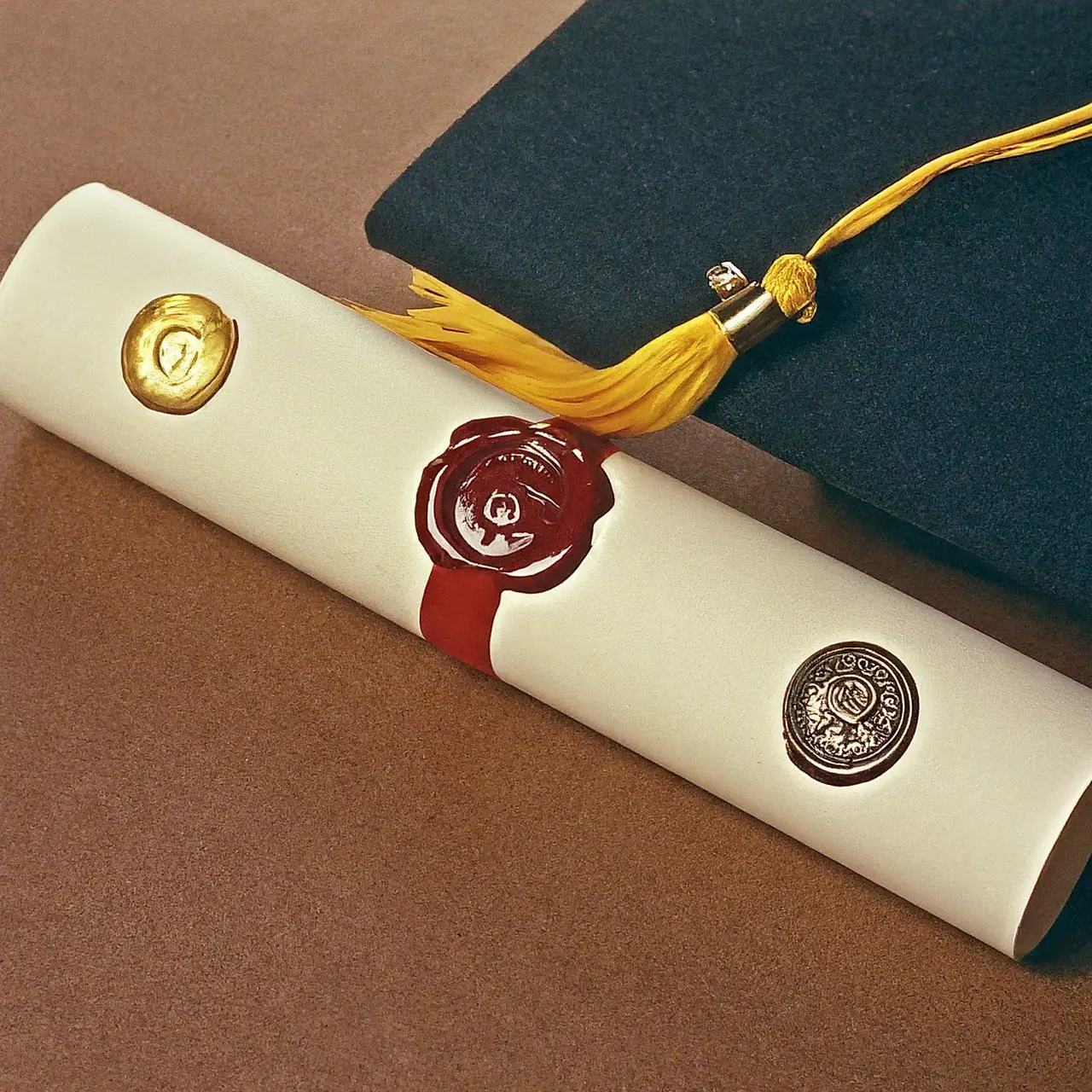 A diploma with academic seals and a graduation cap. 35mm stock photo