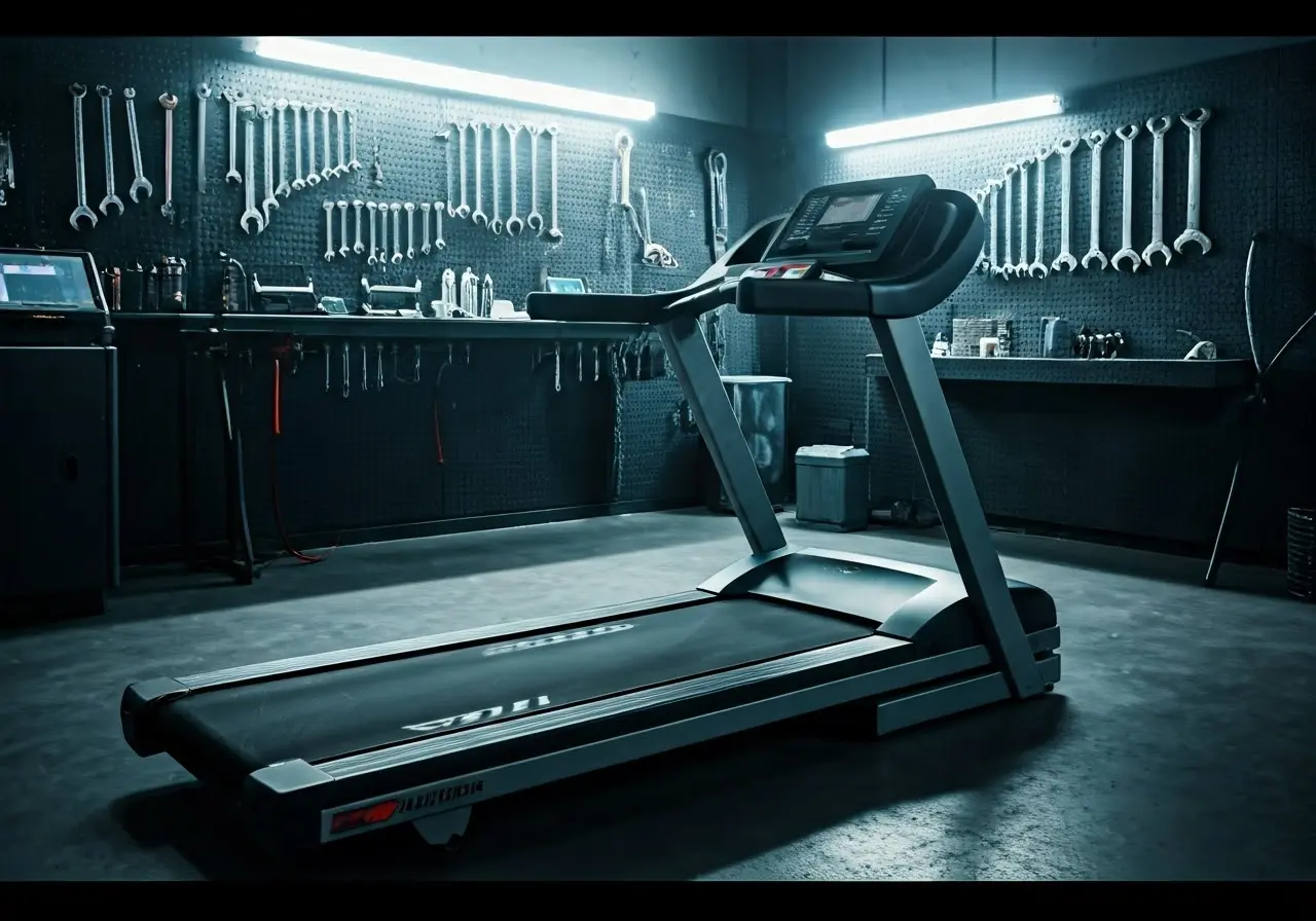 A treadmill in a fitness repair shop with tools. 35mm stock photo