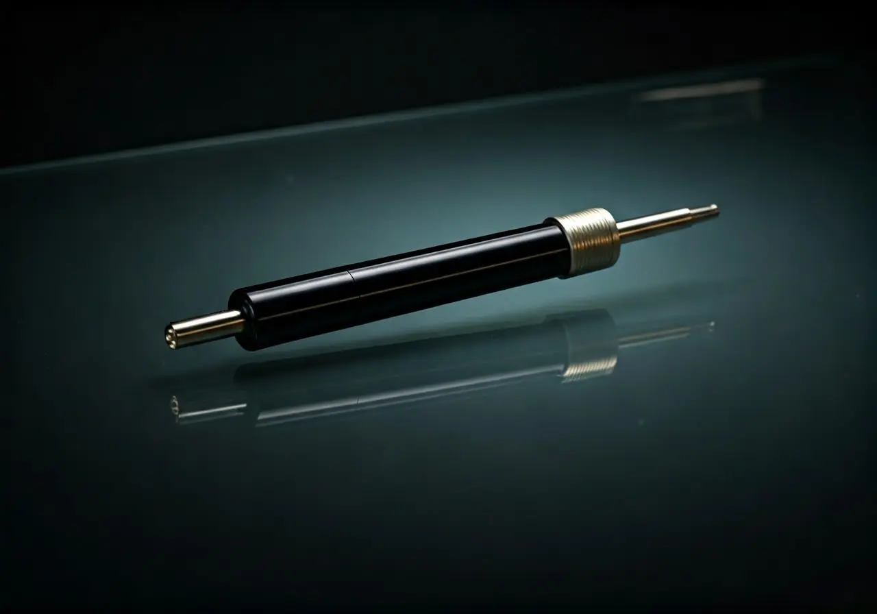 A sleek terahertz wand displayed on a clean, minimal surface. 35mm stock photo