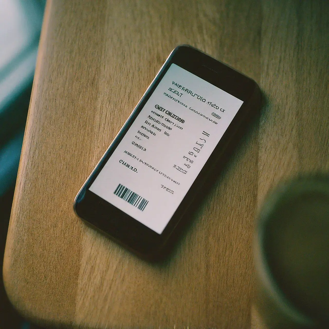 A digital receipt displayed on a smartphone screen. 35mm stock photo