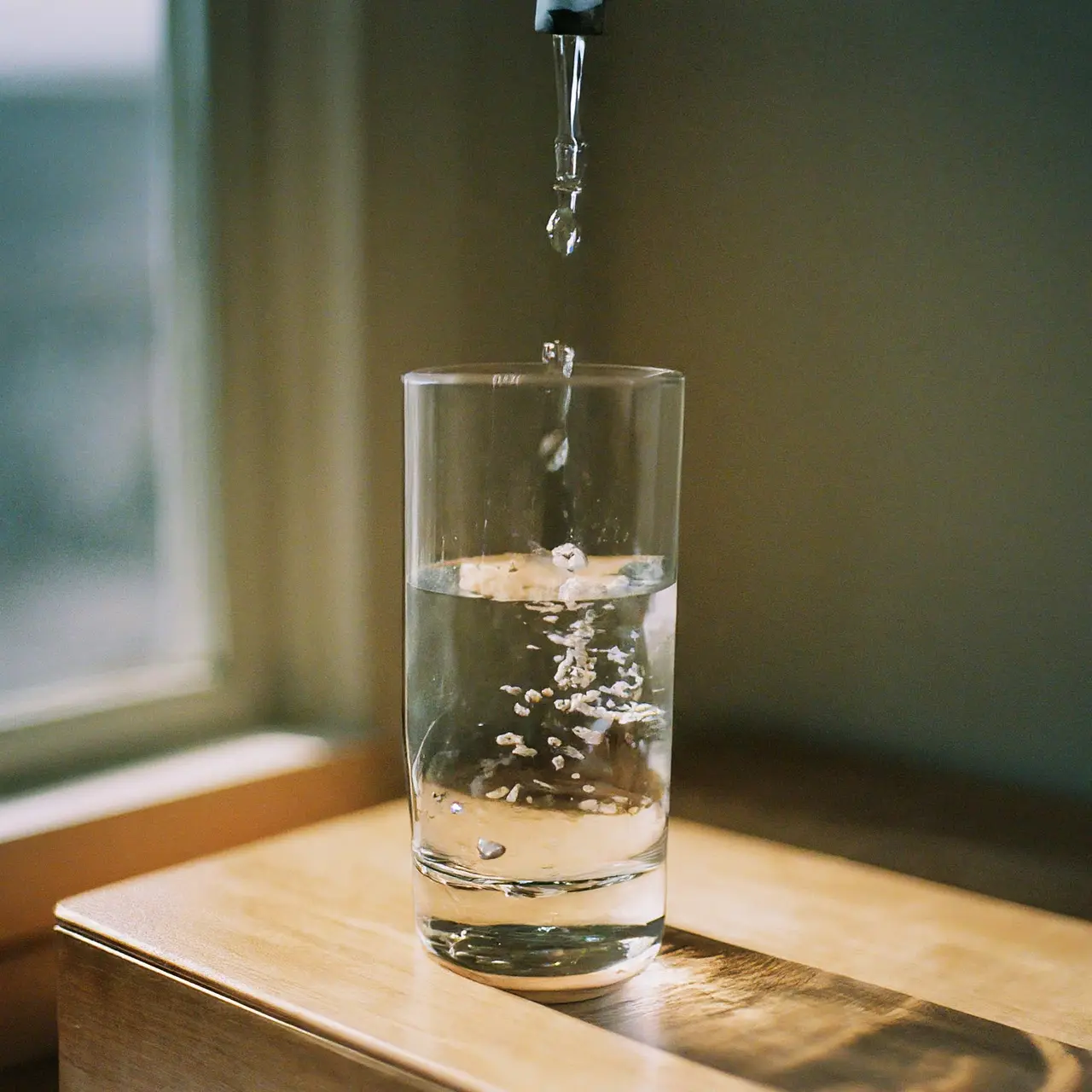 A faucet dripping water into a crystal-clear glass. 35mm stock photo