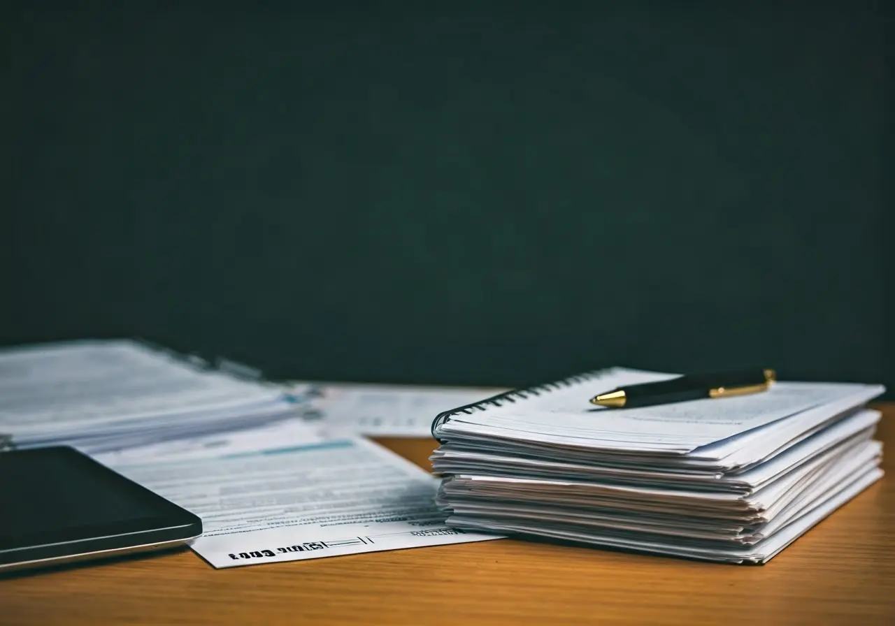 A cluttered desk with tax documents and a digital tablet. 35mm stock photo