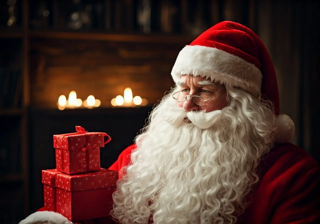 Santa suit details with festive accessories in holiday setting. 35mm stock photo