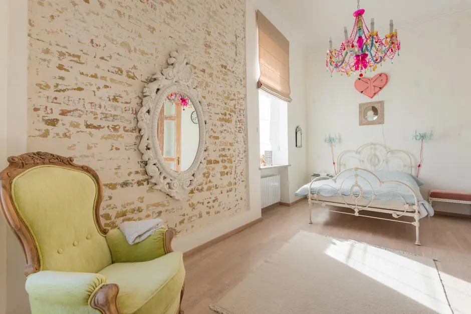 Charming vintage-style room featuring an ornate mirror, colorful chandelier, and elegant furnishings.