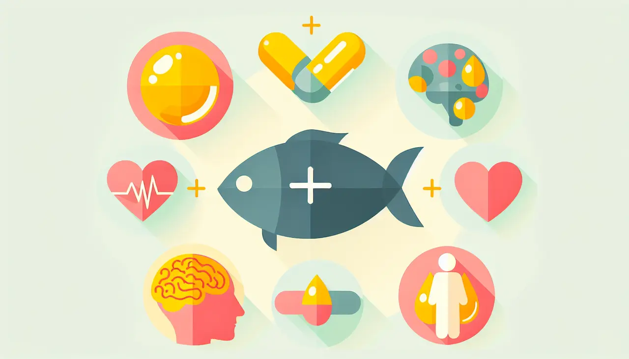 Draw a graphic in flat design style. A flat design image of a fish, a heart, a brain, and a body silhouette with a plus sign between each, symbolizing the benefits of Omega 3s, on a simple, light background.