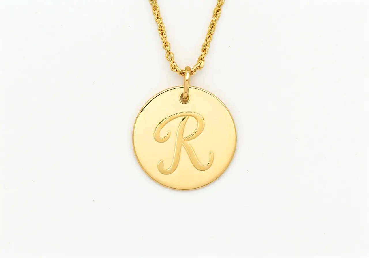 A gold initial pendant on a white background. 35mm stock photo