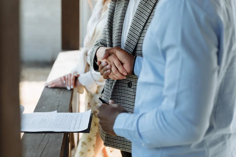 A close-up of hands shaking over a signed property agreement, symbolizing a successful real estate deal.