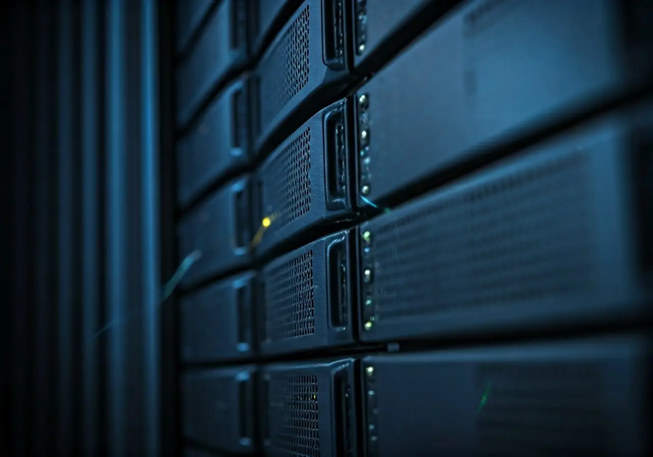 A close-up of a secure server room with glowing LED lights. 35mm stock photo