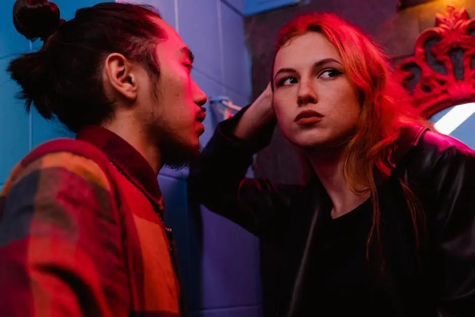 Man in Black Leather Jacket Standing Beside Woman in Red Dress