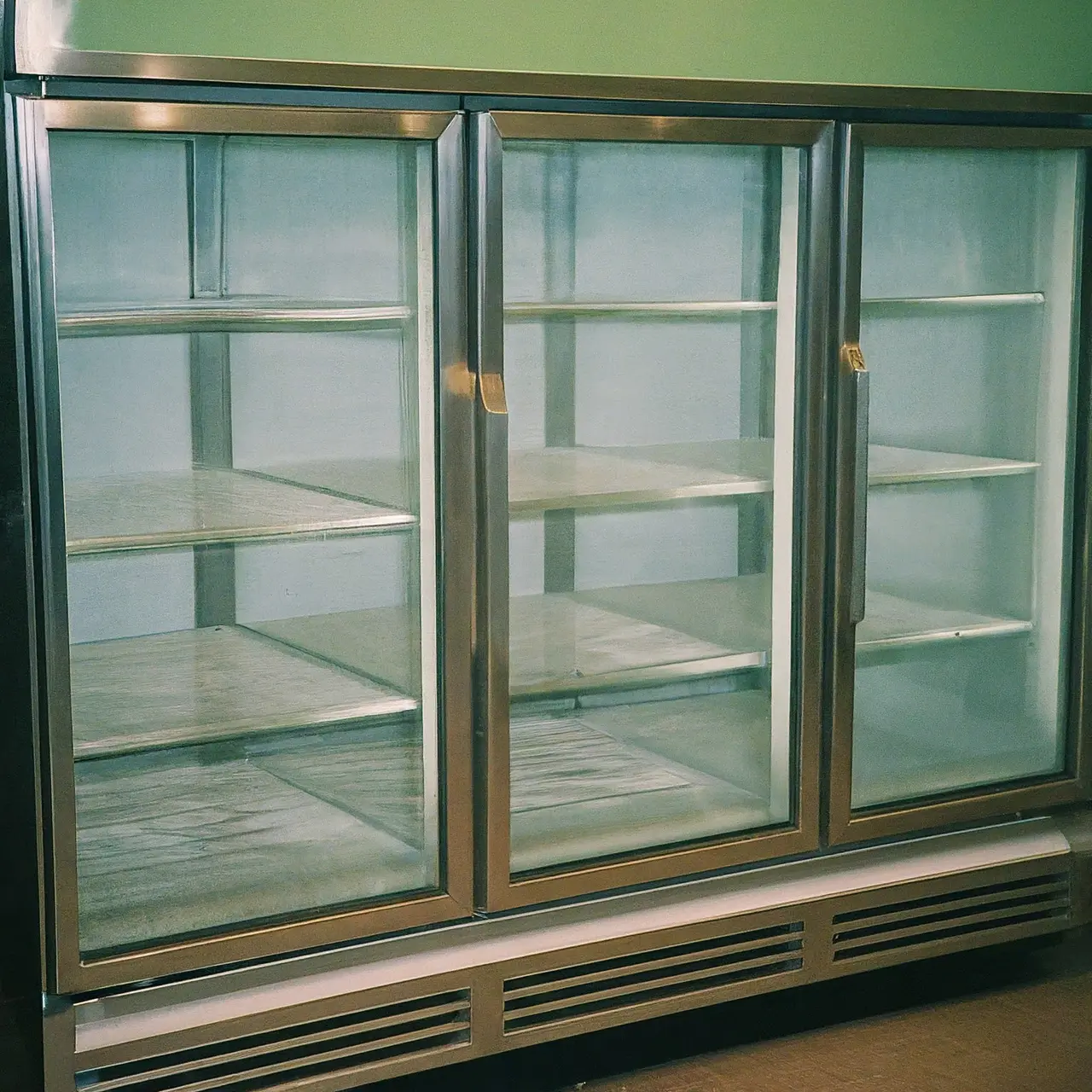 A modern, empty commercial refrigerator in a store setting. 35mm stock photo