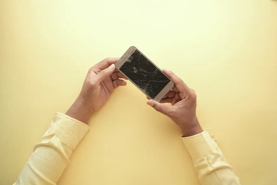 Close-up of hands holding a cracked smartphone against a yellow backdrop, highlighting mobile technology issues.