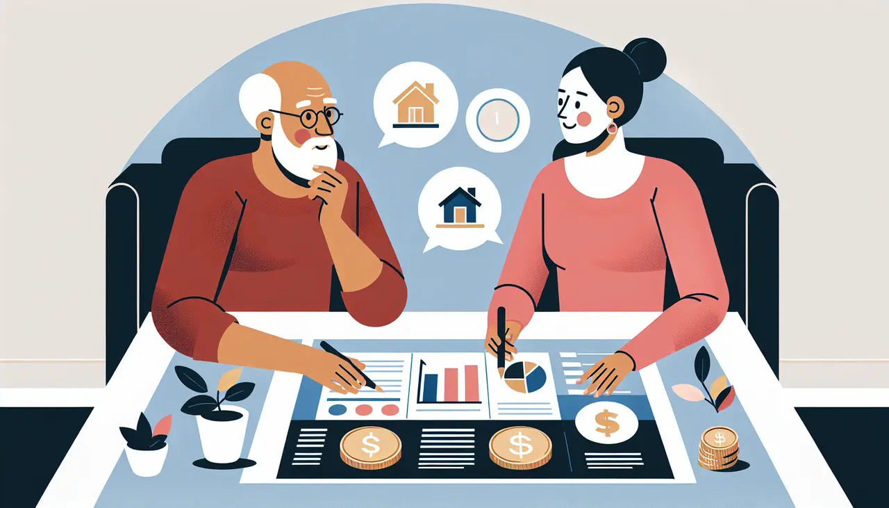 Draw a graphic in flat design style. Design an image of an elderly couple looking at a financial plan together on a table, with simple icons representing savings, a house, and a retirement fund.