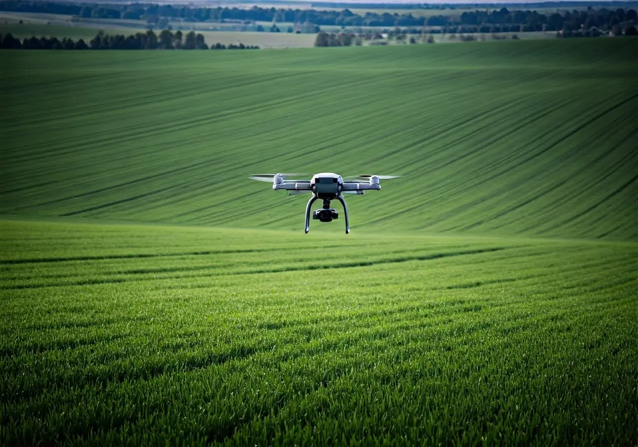 A drone hovering over a lush, expansive agricultural field. 35mm stock photo