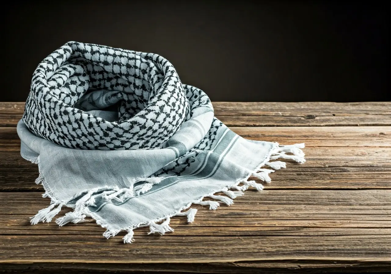 A traditional Palestinian keffiyeh scarf draped on a rustic wooden table. 35mm stock photo