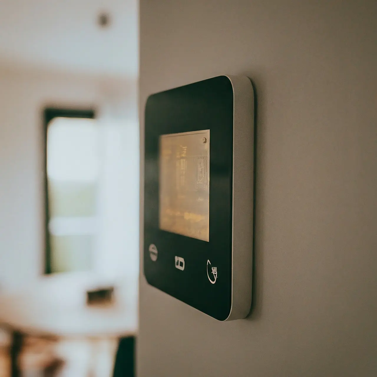 Smart home control panel adjusting lights in a modern room. 35mm stock photo