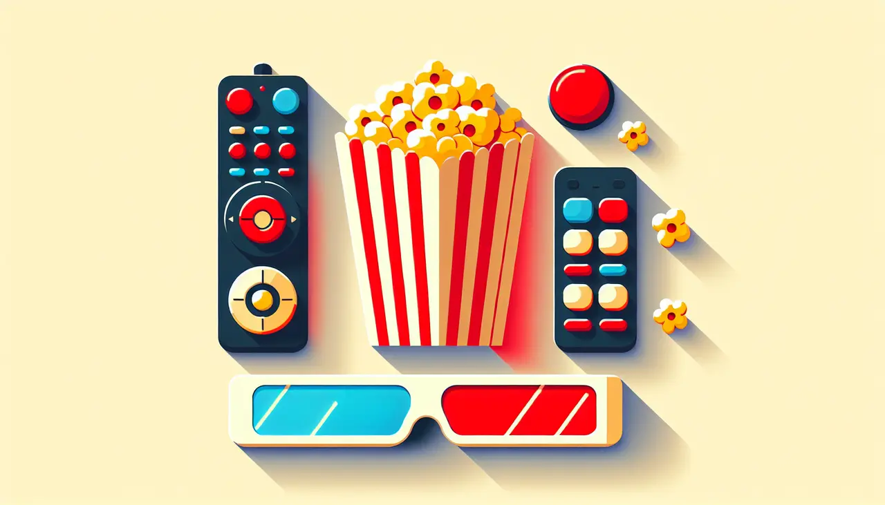 Draw a graphic in flat design style. A minimalist flat design illustration of a popcorn snack pack surrounded by movie night essentials like 3D glasses and a remote control.