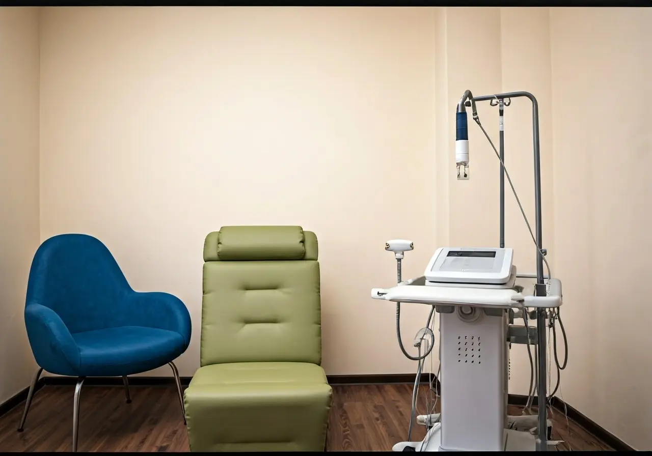 A serene therapist’s office with TMS equipment ready for treatment. 35mm stock photo