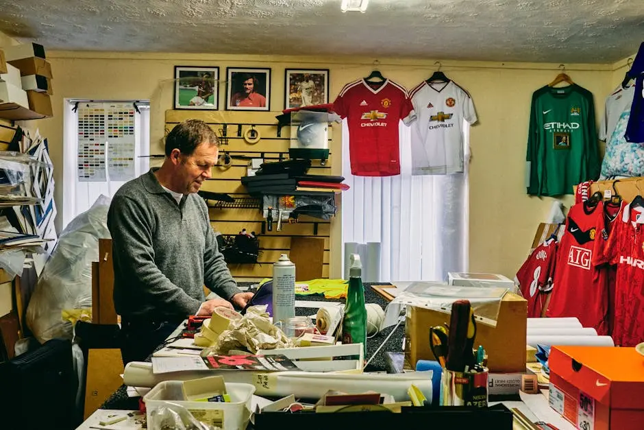 A man organizing sports shirts and memorabilia in a cluttered room filled with boxes and posters.