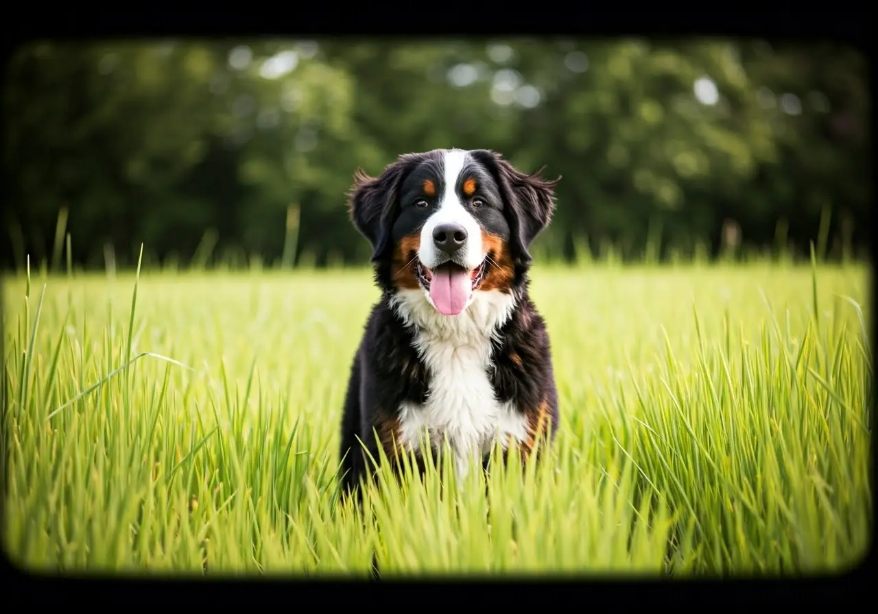 A Bernese Mountain Dog happily playing in a lush field. 35mm stock photo