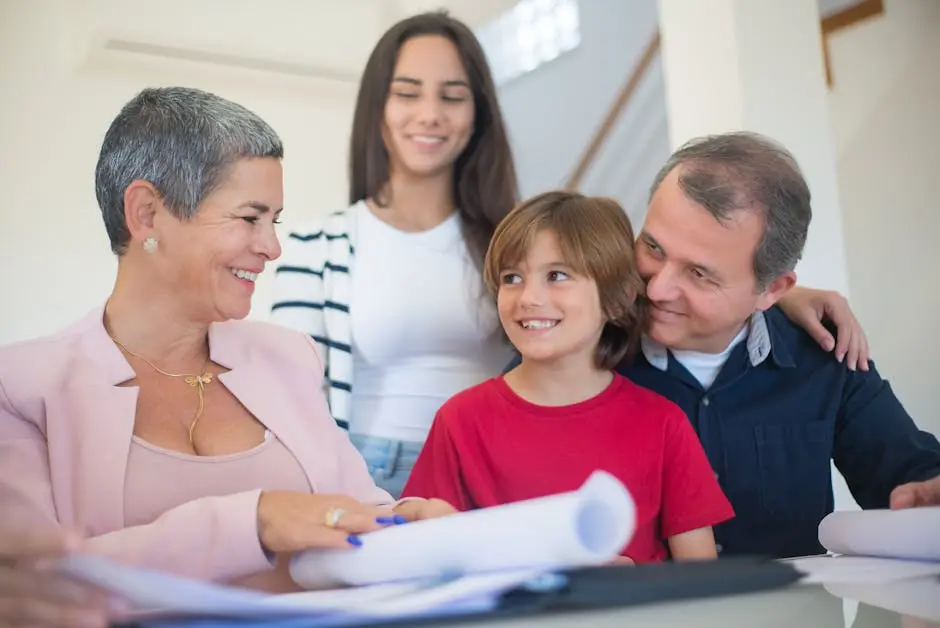 Smiling family indoors signing real estate documents. Friendly interaction and teamwork.