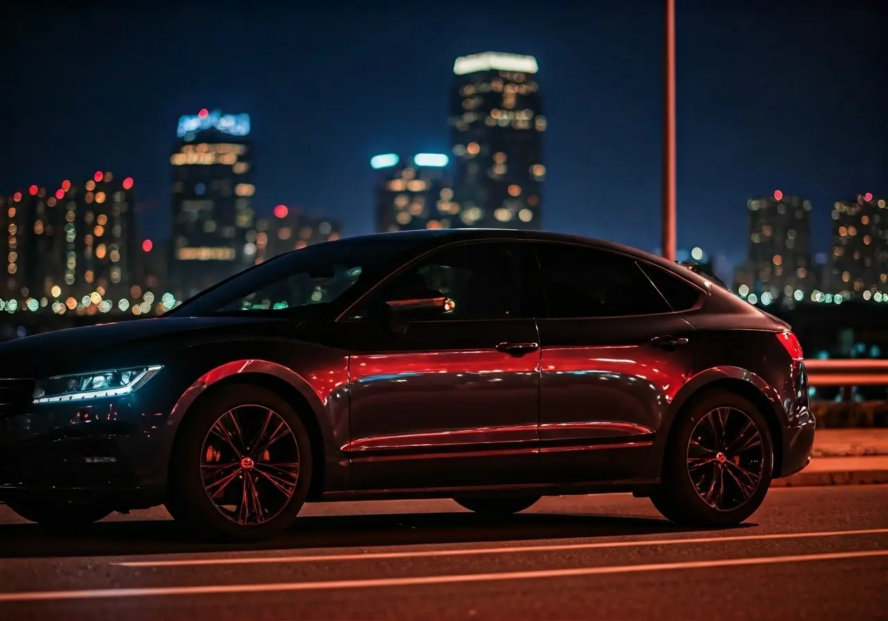 A shiny car reflecting vibrant city lights in the evening. 35mm stock photo